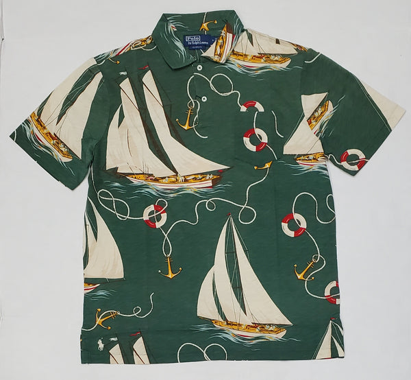 Nwt Polo Ralph Lauren Green Allover Sailboat Print Classic Fit Polo
