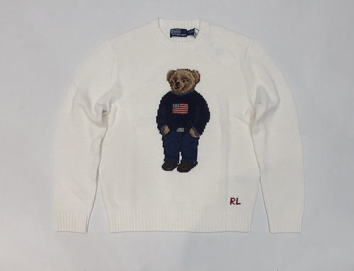 Nwt Polo Ralph Lauren White Standing American Flag Teddy Bear Sweater - Unique Style