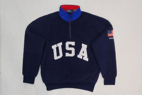 Nwt Polo Ralph Lauren Navy USA Fleece Half Zip American Flag Patch Relaxed Fit Sweatshirt