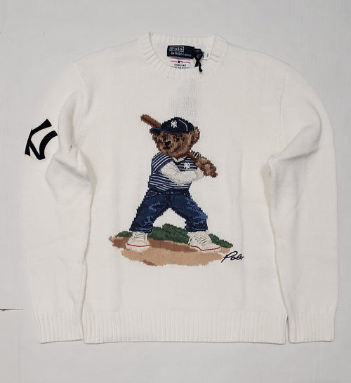 Nwt Polo Ralph Lauren White Yankees Baseball Bat Teddy Bear Sweater - Unique Style