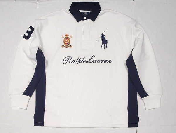 Nwt Polo Ralph Lauren White Blue Big Pony Shield #3 Classic Fit Long Sleeve Rugby - Unique Style