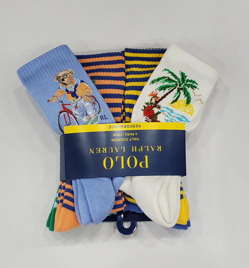 Nwt Polo Ralph Lauren 6 Pack Blue Beach Bear With Small Pony Socks - Unique Style