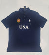 Navy blue Polo Ralph Lauren Big Pony classic fit polo shirt with collar and button placket, displayed flat.