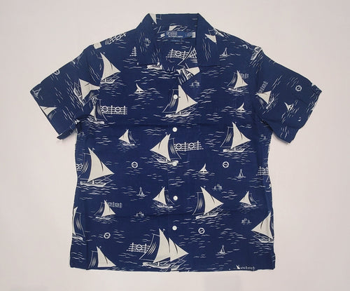 Nwt Polo Ralph Lauren Navy Allover Sailboat Print Classic Fit Short Sleeve Button Up