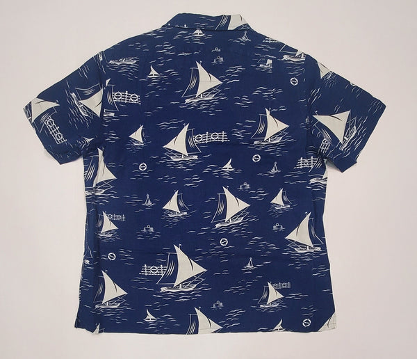 Nwt Polo Ralph Lauren Navy Allover Sailboat Print Classic Fit Short Sleeve Button Up