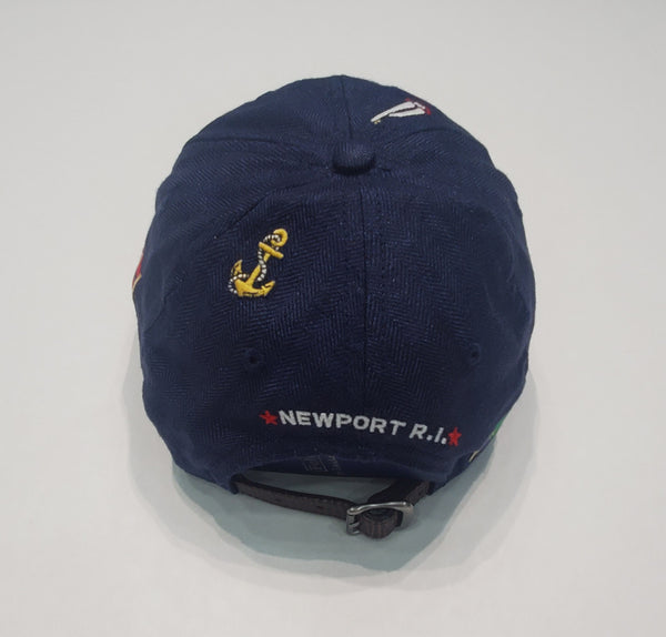Nwt Polo Ralph Lauren Navy Blue Linen Embroidered Nautical Flag  Adjustable Leather Strap Back Hat