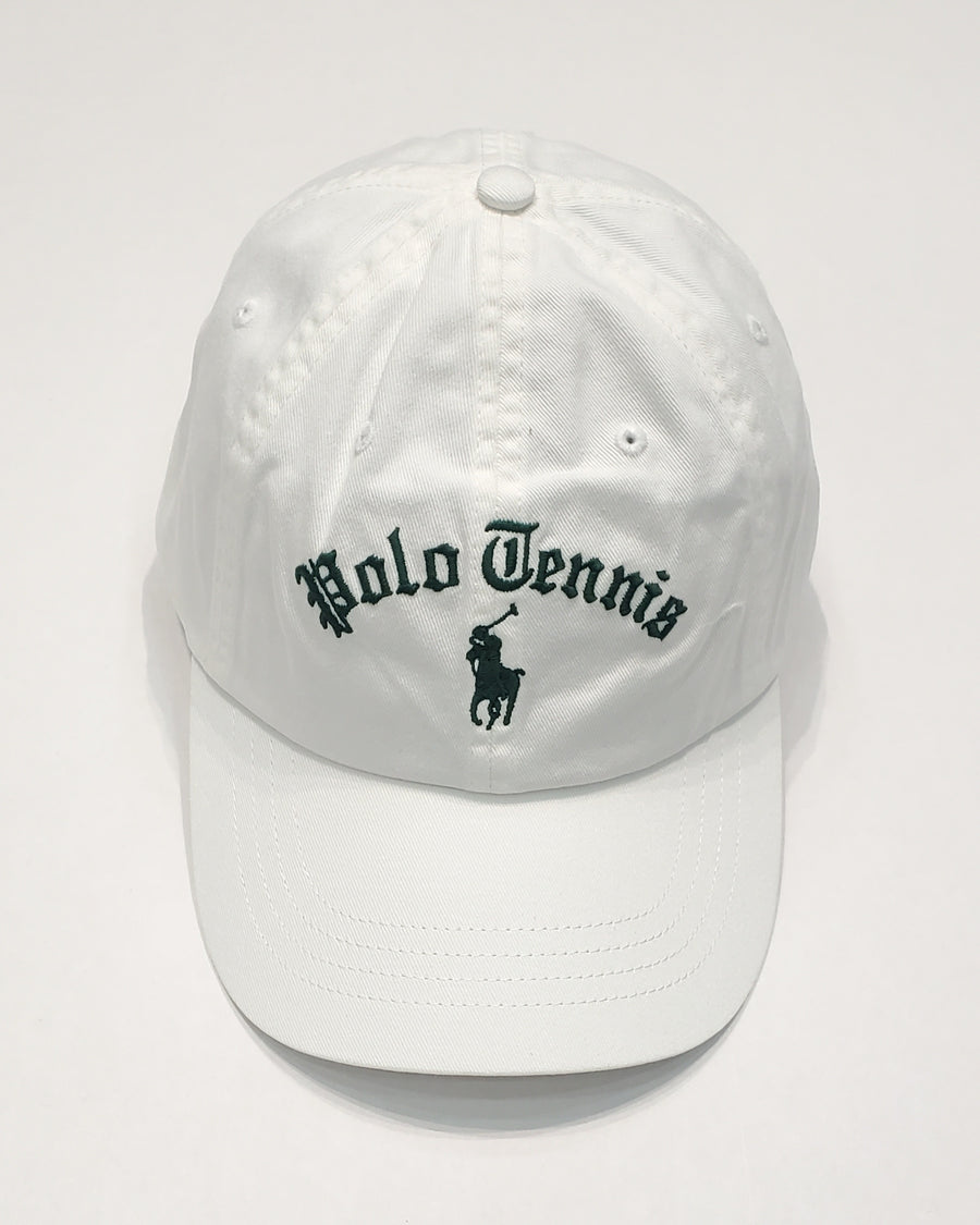 White Polo Ralph Lauren tennis hat with adjustable strap back, featuring the classic Polo logo and sporty design.