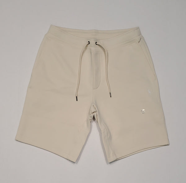 Cream Polo Ralph Lauren double knit shorts with small white pony logo, casual summer style, front view.