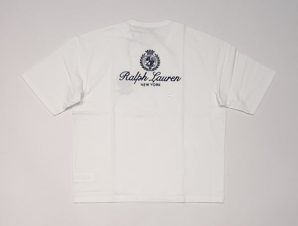 White Polo Ralph Lauren classic fit T-shirt with crest logo, featuring a crew neck and short sleeves, displayed flat.