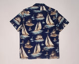 Navy Nautical Sailing Polo Ralph Lauren classic fit camp shirt, button-up style with nautical pattern, short sleeves, and collar.