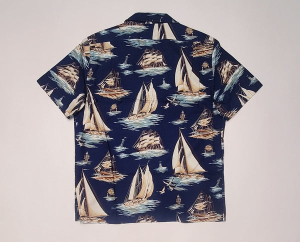 Navy Nautical Sailing Polo Ralph Lauren classic fit camp shirt, button-up style with nautical pattern, short sleeves, and collar.