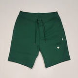 Polo Ralph Lauren green double-knit shorts with white small pony logo, casual fit, front and back view.
