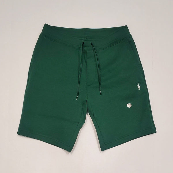 Polo Ralph Lauren green double-knit shorts with white small pony logo, casual fit, front and back view.