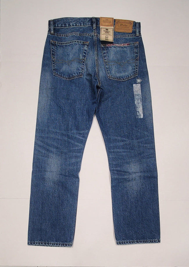 NWT Polo Ralph Lauren Hampton Straight Denim Jeans, blue classic fit jeans with stitching and belt loops, front and back view.