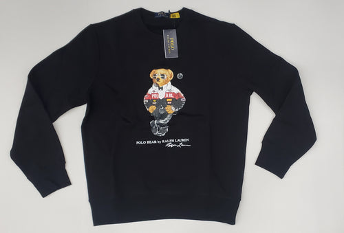 Black Polo Ralph Lauren Racing Polo Teddy Bear sweatshirt with embroidered bear logo and ribbed cuffs, casual and stylish.