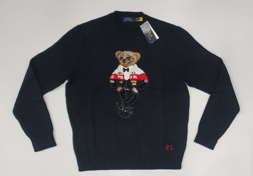 Black Polo Ralph Lauren cotton sweater featuring a racing polo teddy bear design, casual and comfortable for everyday wear.