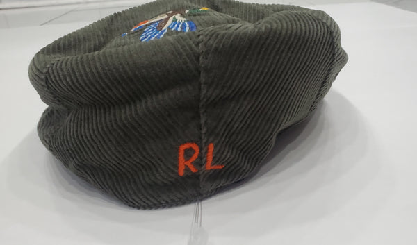 Olive Polo Ralph Lauren duck embroidered corduroy driver cap, casual hat with embroidered duck design and corduroy texture.
