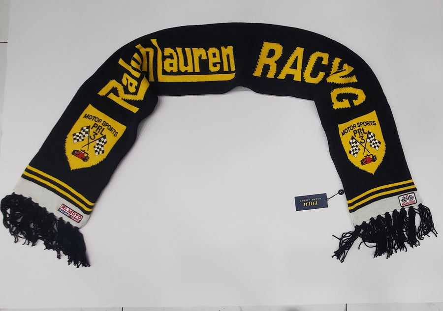 Black Polo Ralph Lauren racing team scarf with colorful Motorsport logo and pattern, made of soft fabric, stylish accessory for fans.