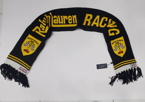Black Polo Ralph Lauren racing team scarf with colorful Motorsport logo and pattern, made of soft fabric, stylish accessory for fans.