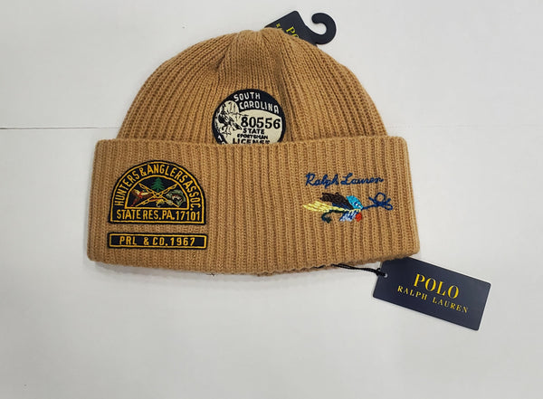 Polo Ralph Lauren khaki sportsman outdoors patch skully, stylish men's skull cap with outdoor-themed patches and embroidery.