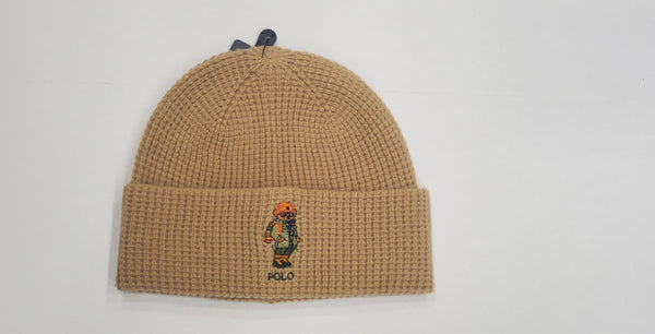 Polo Ralph Lauren khaki hiker skullies featuring Polo Bear graphic design, stylish and casual headwear for everyday wear.