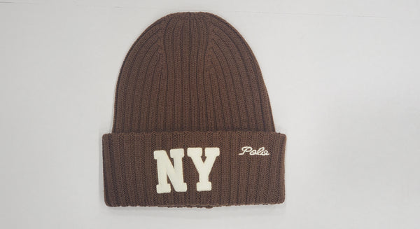 Polo Ralph Lauren brown skully with NY logo patch and script design, featuring a stylish skullie style cap.