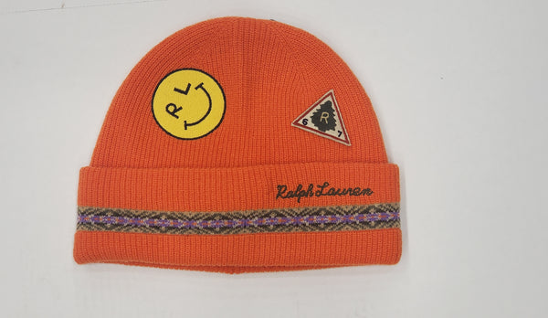 Polo Ralph Lauren orange RL smiley patch skullie, stylish knit beanie with embroidered patch, casual winter accessory.
