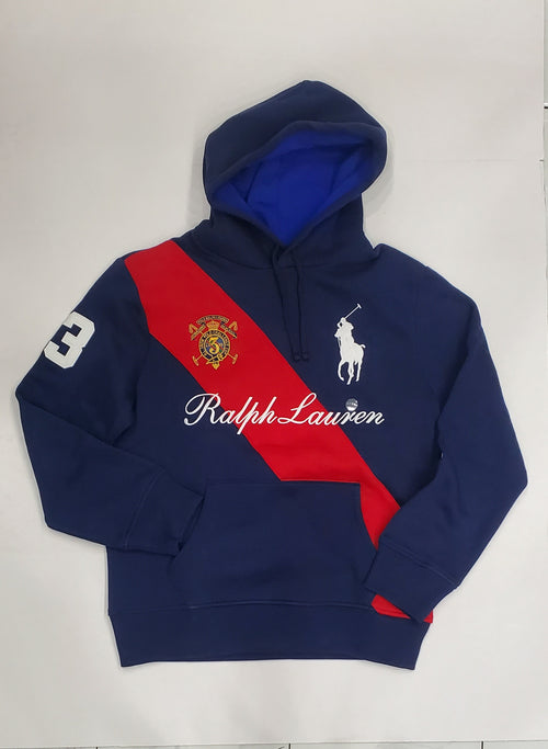 Navy and red Polo Ralph Lauren hoodie with large pony crest logo, featuring a front pocket and drawstring hood.