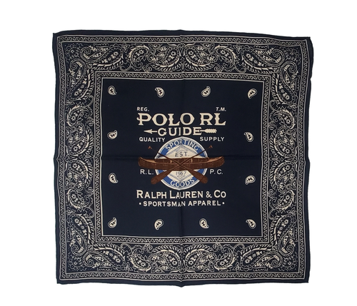 Navy Polo Ralph Lauren Sportsman Paisley Bandana featuring classic paisley pattern and brand logo, made of soft fabric.