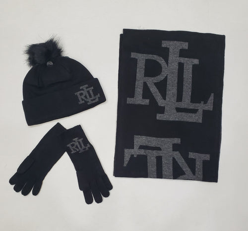 Nwt Lauren Ralph Lauren Black LRL Scarf With Matching Gloves & Skully - Unique Style