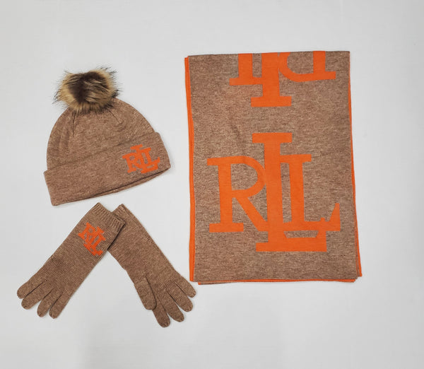 Nwt Lauren Ralph Lauren Tan LRL Scarf With Matching Gloves & Skully - Unique Style