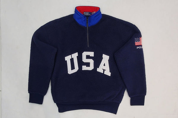 Nwt Polo Ralph Lauren Navy USA Fleece Half Zip American Flag Patch Relaxed Fit Sweatshirt - Unique Style