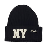 Polo Ralph Lauren black skull cap with NY logo patch and script embroidery, stylish knit beanie with brand detailing.