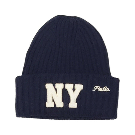 Navy Polo Ralph Lauren skullie hat with NY logo patch and embroidered script skull design, casual and stylish headwear.