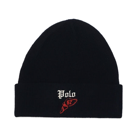 Polo Ralph Lauren black Wing Foot skullie hat with white logo design, casual accessory for stylish streetwear.