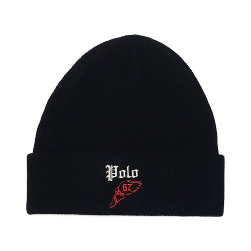 Polo Ralph Lauren black Wing Foot skullie hat with white logo design, casual accessory for stylish streetwear.