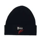 Polo Ralph Lauren black Wing Foot skullie hat with white logo design, casual accessory for stylish streetwear.