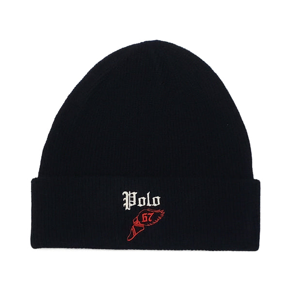 Polo Ralph Lauren black Wing Foot skullie hat with white logo design, casual accessory for stylish streetwear.