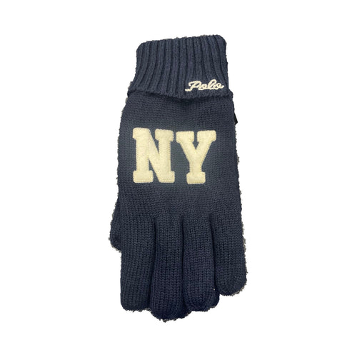 Navy Polo Ralph Lauren NY gloves with white logo details, made of soft fabric, displayed upright against a white background.