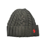 Polo Ralph Lauren black cable knit skull cap with small pony logo, stylish and cozy headwear for cold weather.