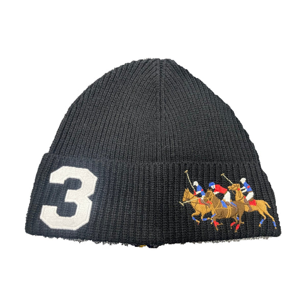 Polo Ralph Lauren black skullie hat with white #3 triple pony logo, featuring a stylish design and branded details.