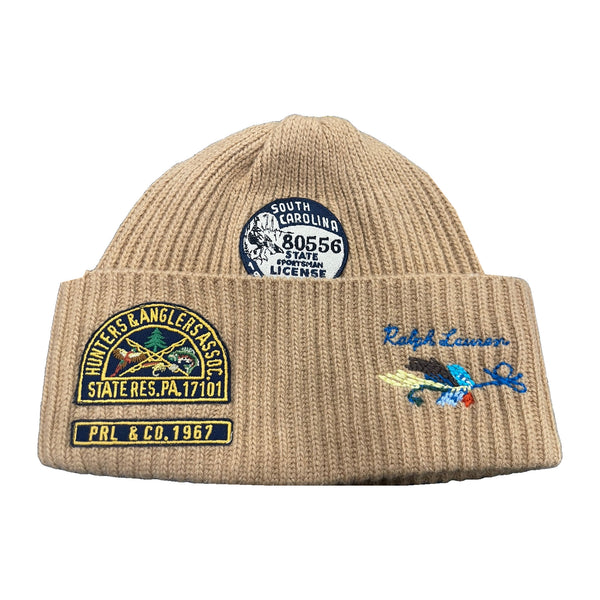 Polo Ralph Lauren khaki sportsman outdoors patch skully hat with embroidered logo and outdoor-inspired patches.