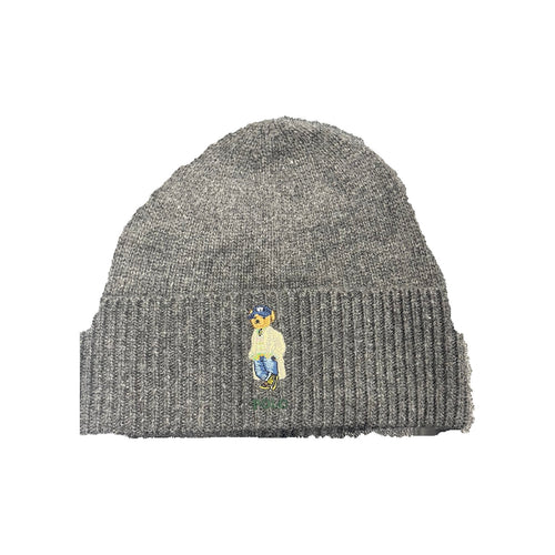 Gray Polo Ralph Lauren Heritage Polo Bear skullie hat with embroidered bear logo, casual knit cap, front view, SKU-41599
