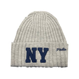 Gray Polo Ralph Lauren skull cap with NY logo patch and script design, featuring a stylish, snug fit and classic branding.