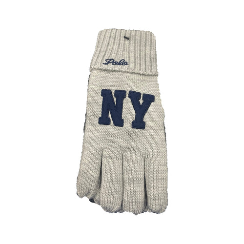 Gray Polo Ralph Lauren NY logo gloves with ribbed cuffs, soft knit material, and embroidered brand logo on the back.