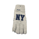 Gray Polo Ralph Lauren NY logo gloves with ribbed cuffs, displayed upright against a white background.