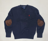 Nwt Kids Polo Ralph Lauren Navy with Red Pony Suede Elbow Patch Small Pony V-Neck Sweater (8-20) - Unique Style