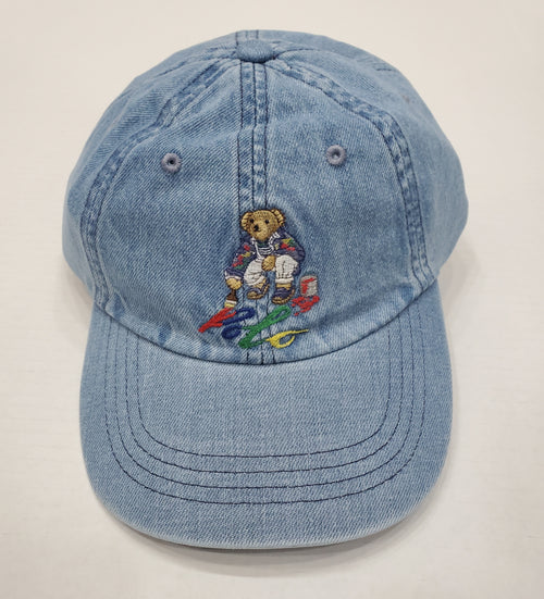 Nwt Polo Ralph Lauren Denim Wash Painted Teddy Bear Hat - Unique Style