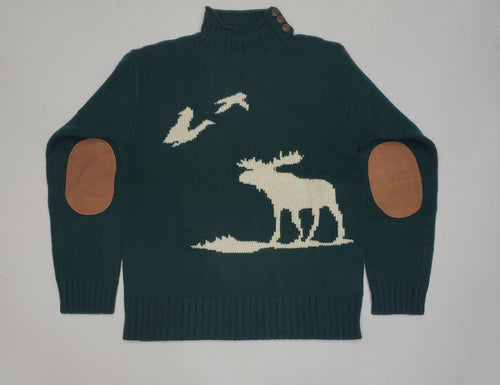 Nwt Polo Ralph Lauren Green Moose Suede Elbow Patches Mockneck Sweater - Unique Style