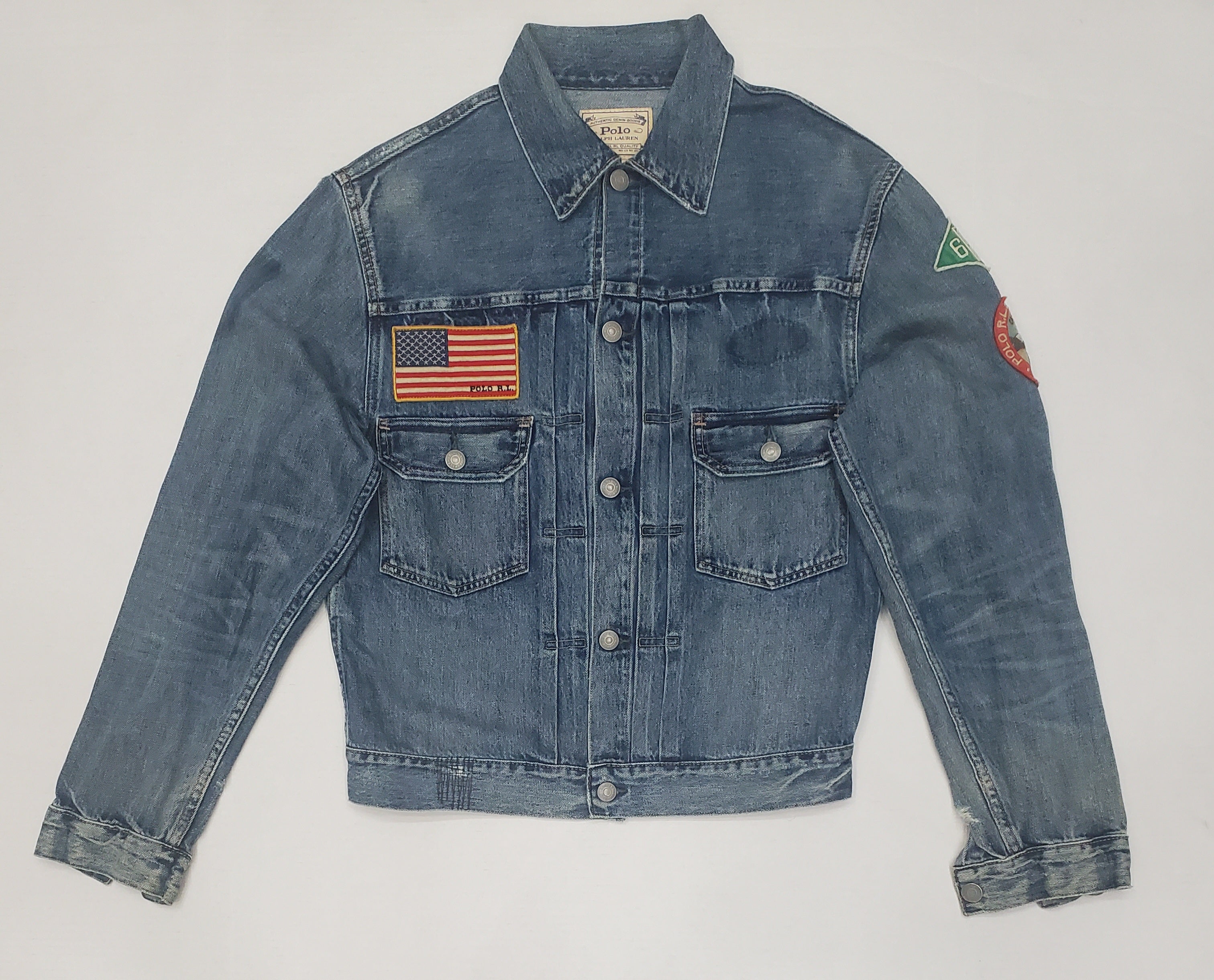 POLO RL RALPH LAUREN SPORTSMAN NY DENIM JEAN JACKET USA FLAG PATCH